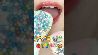 ASMR EMOJI FOOD 🌈🌈🐥🐘🧩🍓🍍🟡🟢🔵🍡🍪 이모지 먹방 sped up [upl. by Ihsar]