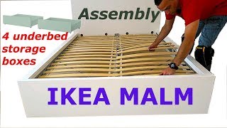 Ikea MALM Bed frame assembly with 4 storage boxes Whiteluröy [upl. by Allak]