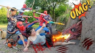 The brave SpiderMan squad uses chainsaws destroy the ferocious fire dragon to save the girl [upl. by Cole]