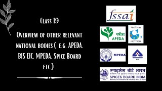 Class 19 Overview of other relevant national bodies eg APEDA BIS EIC MPEDA Spice Board etc [upl. by Ahsiam138]