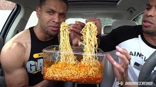 EXTREME SPICY CHEESE RAMEN NOODLE CHALLENGE  MUKBANG hodgetwins [upl. by Aerdnaed]