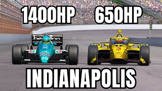 The MOST POWERFUL F1 CAR in History VS INDYCAR On The INDIANAPOLIS OVAL [upl. by Rozina]