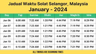 Jadual Waktu Solat Selangor Malaysia January  2024  Selangor Prayer Times [upl. by Lourie]