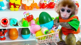 Cute Monkey Baby Bi Bon goes shopping in the supermarket and play with little cat [upl. by Benzel736]