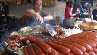 LONDON STREET FOOD HOT DOGS SAUSAGES POLISH KIELBASA 1 METRE LONG HOT DOG CAMDEN MARKET [upl. by Pasho]