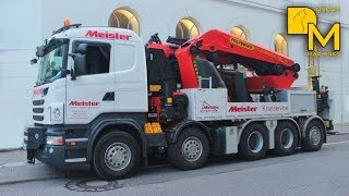 Intense heavy lifting job Palfinger crane PK 200002LSH on Scania R 560 truck lifting windows [upl. by Shapiro451]