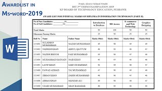 How to create Award list for student Internal or external exam in ms word 2019 [upl. by Placia]