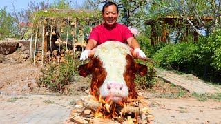 Huge Bull Head Burnt in Fire Till Golden amp Braised in Crazy Spicy Broth  Uncle Rural Gourmet [upl. by Yltnerb130]