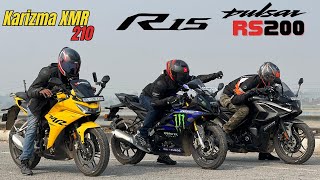 Hero karizma XMR vs Bajaj Pulsar RS200 vs Yamaha R15M Drag Race [upl. by Anom]