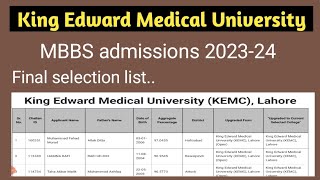 Kemu final merit list for mbbs admissions 202324  uhs college wise selection list for mbbs 2023 [upl. by Meg]