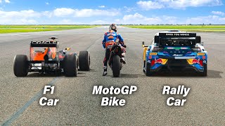 F1 Car vs MotoGP Bike vs Rally Car Ultimate Drag Race [upl. by Janeczka]