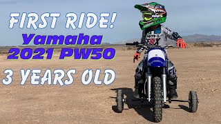 2021 Yamaha PW50  3 Year Old Kid  First Ride with Training Wheels [upl. by Dorey]