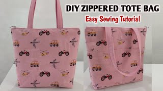 DIY Zippered Tote Bag with Pockets  Cloth bag easy sewing tutorial  Tote bag making at home [upl. by Omero]