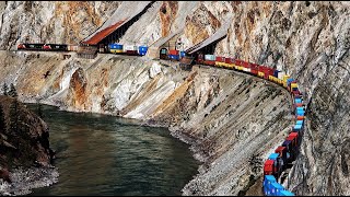 BIG DOUBLE STACK TRAINS SNAKING THRU THE RUGGED THOMPSON CANYON [upl. by Ztnarf328]