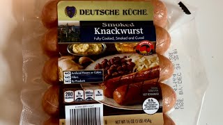 Aldi Knackwurst Review  Deutsche Küche Smoked Knackwurst  Knockwurst [upl. by Acinod624]