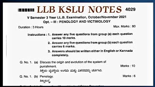 LLB PENOLOGY amp VICTIMOLOGY 20212023 KSLU QUESTION PAPERS 5th SEM 8020 PATTERN 3 YEAR LLB law [upl. by Tiffani495]