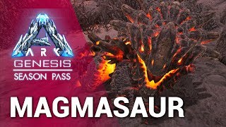 ¡¡MAGMASAUR  LOCALIZACIÓN TAMEO ATAQUES Y MUCHO MÁS  INFORMACIÓN ARK GENESIS [upl. by Atsillak]