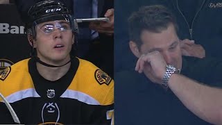 Jake DeBrusk scores first NHL goal father Louie gets emotional watching in stands [upl. by Sjoberg284]