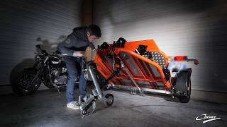 Folding Motorbike Trailer with lowering flatbed Model DUO from COCHET [upl. by Giarc]