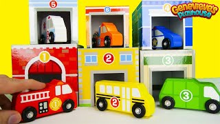 Learn Community Vehicle Names with Stacking Toy Car Garages [upl. by Tabina]