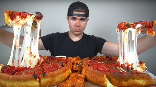 Double Cheesy Chicago Deep Dish Pizza Mukbang  Hot Wings [upl. by Narruc]