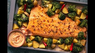 Periperi Salmon with Broccoli and Potatoes  Whole30  Paleo  One sheet pan meal [upl. by Adnorahc]