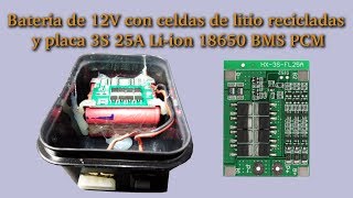 Bateria de 12V con celdas de litio recicladas usando modulo 3S 25A Liion 18650 BMS PCM [upl. by Leor]