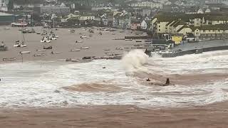 Storm Babet Hits Teignmouth Devon  Huge Waves Crash Over Seawall [upl. by Sayre]