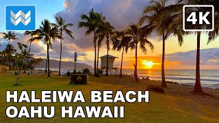 4K Haleiwa Beach Park in North Shore Oahu Hawaii USA  Sunset Walking Tour 🎧 Binaural Sound [upl. by Ibrab]