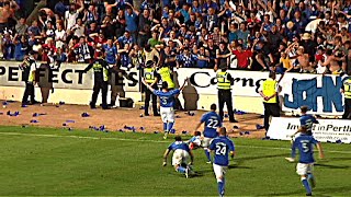 McDiarmid Park erupts as Scobbie scores winning penalty kick [upl. by Nnyledam]