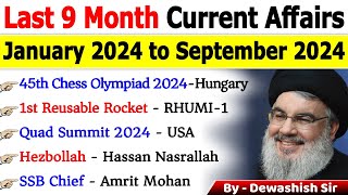 Last 9 Months Current Affairs 2024  January 2024 To September 2024  Important Current Affairs 2024 [upl. by Sosthenna657]