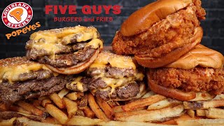 ASMR FIVE GUYS TRIPLE CHEESE BURGERS amp FRIES POPEYES SPICY CHICKEN SANDWICHES MUKBANG [upl. by Acessej]