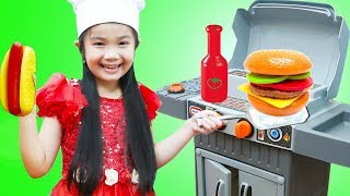 Hana Pretend Play with TOY BBQ Grill Cooking Food Set [upl. by Acinad]