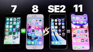 iPhone SE 2 Vs iPhone 7 Vs iPhone 8 Vs iPhone 11  Battery Test amp Speed test [upl. by Illoh]