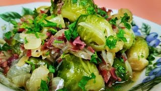 ✨ coles de bruselas encebolladas con jamón receta fácil ✅ [upl. by Ellard]