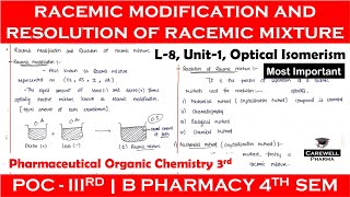 Racemic modification and Resolution of Racemic mixture  L8 U1  POC3rd  B Pharma 4th Sem [upl. by Droffilc]