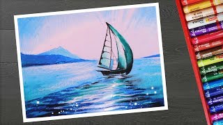 Oil pastel drawing for beginners  Scenery drawing of beautiful seascape in Hindi [upl. by Mackey]