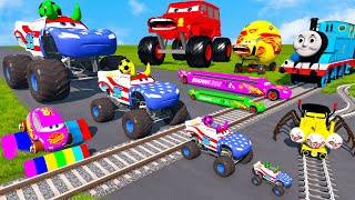 5 MONSTER TRUCKS vs Big amp Small Lightning Mcqueen vs Spinner Wheels vs Train Thomas  BeamNGDrive [upl. by Ennahgem899]