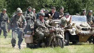 WWII German Reenactors with Kubelwagens and motorcycle combinations at the Overlord Shpw 2024 [upl. by Enelav]