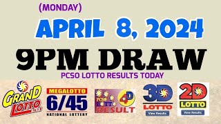 Lotto Result Today 9pm draw April 8 2024 655 645 4D Swertres Ez2 PCSOlotto [upl. by Rettig]