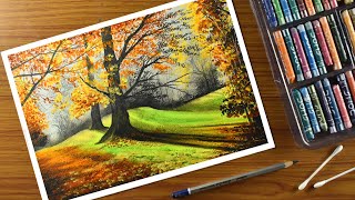 Oil pastel scenery  Step by step tree landscape oil pastel Drawing for beginners [upl. by Nuajed]