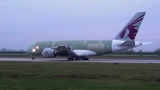 Qatar Airways A380 2 A7APB  First Flight Landing Hamburg Finkenwerder [upl. by Gnus771]