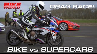 Drag Race Bike vs Lots Of Supercars In 4K [upl. by Ilamad]