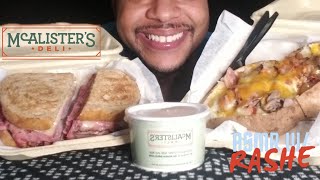 ASMR EATING McALISTERS DELI  THE NEW YORKER BLACK ANGUS ROAST BEEF SPUD CHEESY MAC amp SPICY CHIPS [upl. by Anitrak]