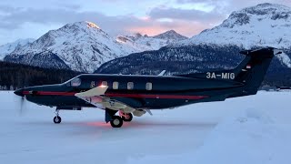 Pilatus PC12 TakeOff in Winter in the Swiss Alps at Engadin Airport [upl. by Bej205]