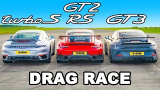 DRAG RACE Porsche 911 9912 GT3RS vs Turbo S vs Mercedes AMG GTR [upl. by Ailicec]