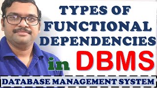 TYPES OF FUNCTIONAL DEPENDENCIES IN DBMS  TRIVIAL  NON TRIVIAL  MULTIVALUED  TRANSITIVE [upl. by Reagan]