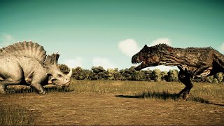 ALLOSAURUS vs ALBERTOSAURUS vs SPINOCERATOPS DINOSAURS FIGHT DURING A STORM JWE2 [upl. by Inanuah482]