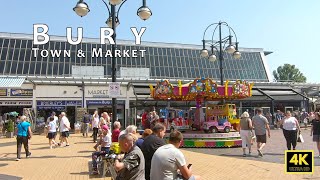 Bury Town Centre amp Open Market in summer Saturday Greater Manchester walking tour [upl. by Bernardo312]