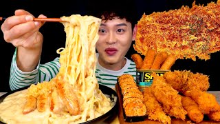 ASMR 고소한 버터명란 까르보나라 신전매콤김밥 통모짜돈카츠 먹방 Creamy Carbonara With Spicy Kimbab Fried Cheese Cutlet MuKbang [upl. by Ulah]